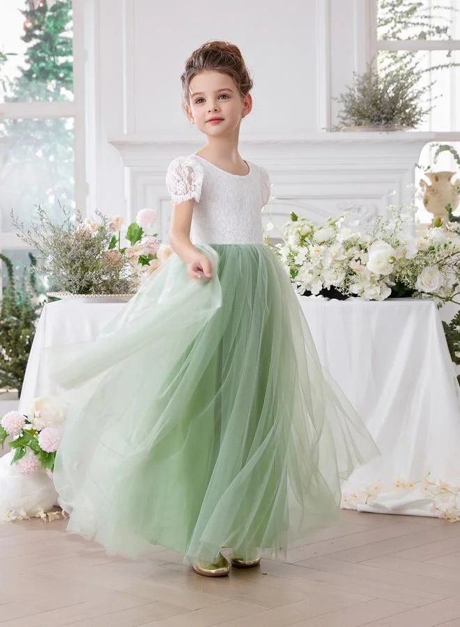 Take Two  Girls Green Lace Puff Sleeve Tulle Maxi Dress for Women | Best Price UAE
